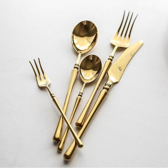 Custom Gold Cutlery Set With Acrylic Glass Handles Or Stems Kitchenware Supplies New antique Brass Cutlery Sets Flatware