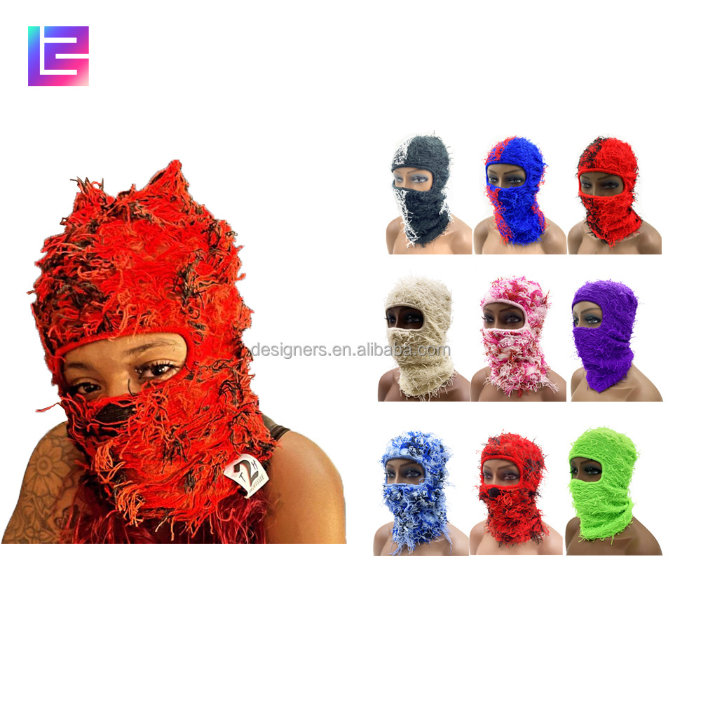 Wholesale knitted balaclava face Knit Full Face mask Cover one hole designer grassy distressed fuzzy balaclava ski mask