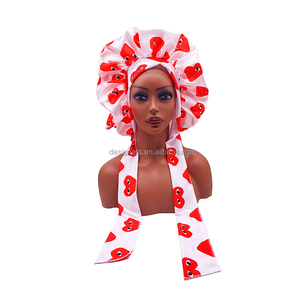 New Arrive satin silk bonnet custom print logo Shower Cap night sleep cap hair wraps designer large Jumbo bonnet for women