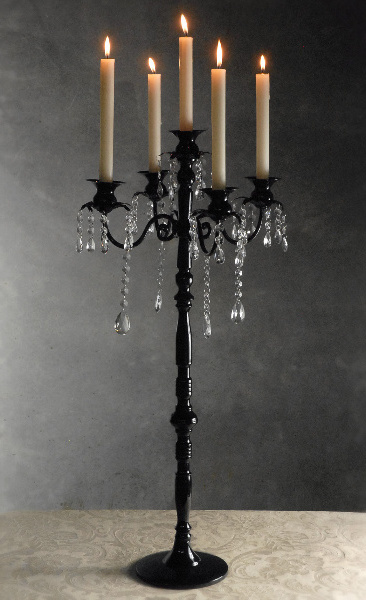 Black Glossy 5 Light Crystal Candelabra with Hanging Crystals Wedding and Party Decoration Modern Design Candle Holder