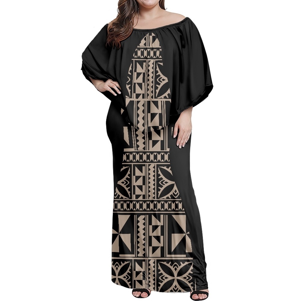 Women Polynesian Tribal Tapa Stylish Clothing One Shoulder Flare Sleeve Dress Package Hip Skirt Plus-size Maxi Dress