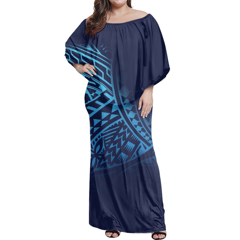 Women Polynesian Tribal Tapa Stylish Clothing One Shoulder Flare Sleeve Dress Package Hip Skirt Plus-size Maxi Dress