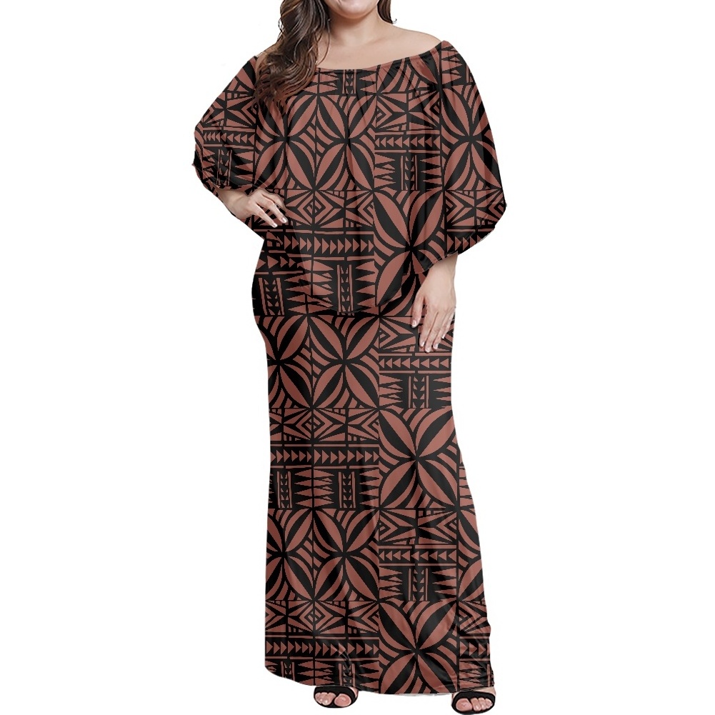 Women Polynesian Tribal Tapa Stylish Clothing One Shoulder Flare Sleeve Dress Package Hip Skirt Plus-size Maxi Dress