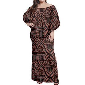 Women Polynesian Tribal Tapa Stylish Clothing One Shoulder Flare Sleeve Dress Package Hip Skirt Plus-size Maxi Dress