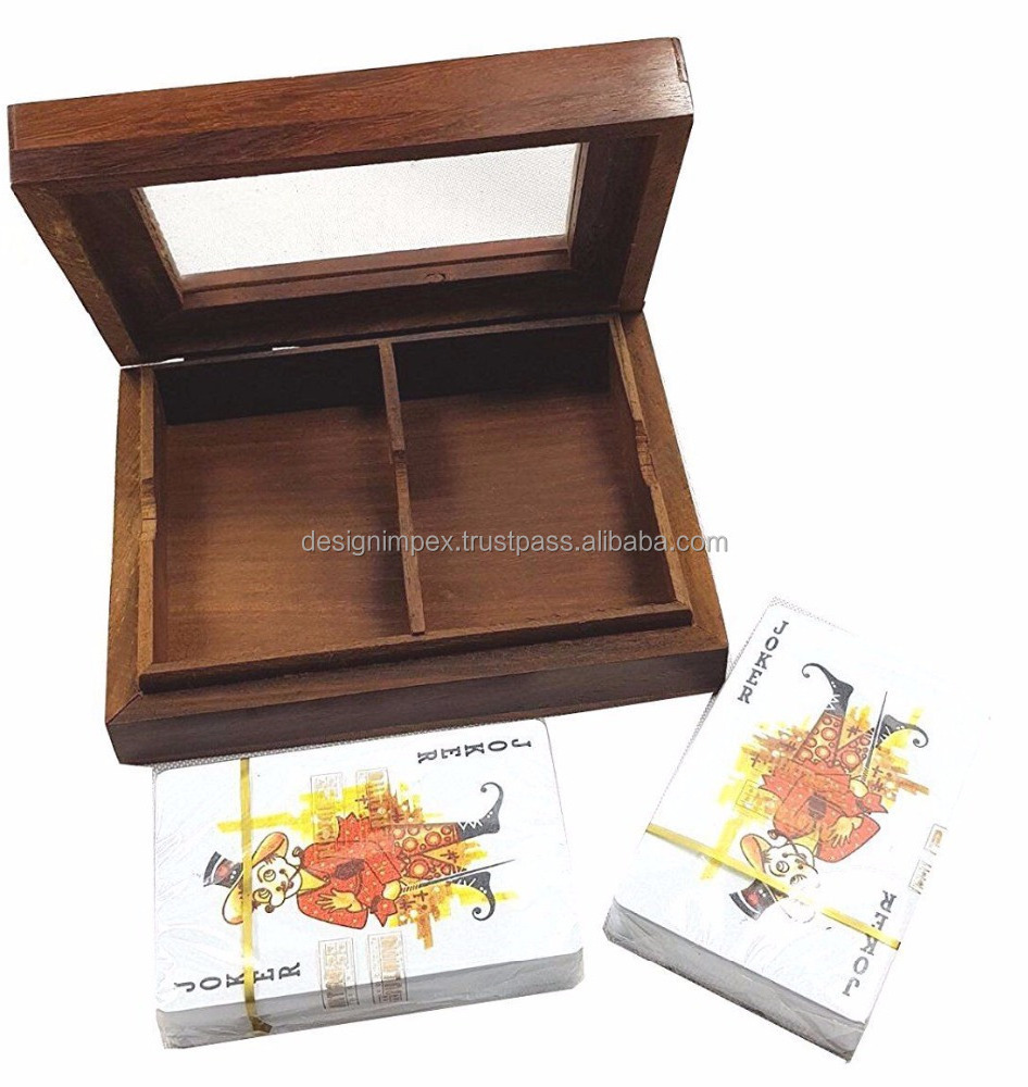 Poker Game Casino Full Playing Card Double Deck Wooden Glass Top Gift Box Set