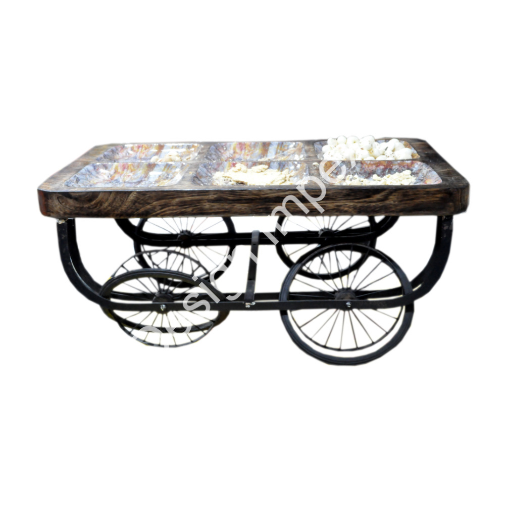 Hand Crafts Custom Trolley American Flag Top Design Wood Tray With Iron Base 4 Wheelers Cart For Decorative Outdoor Fruit Cart