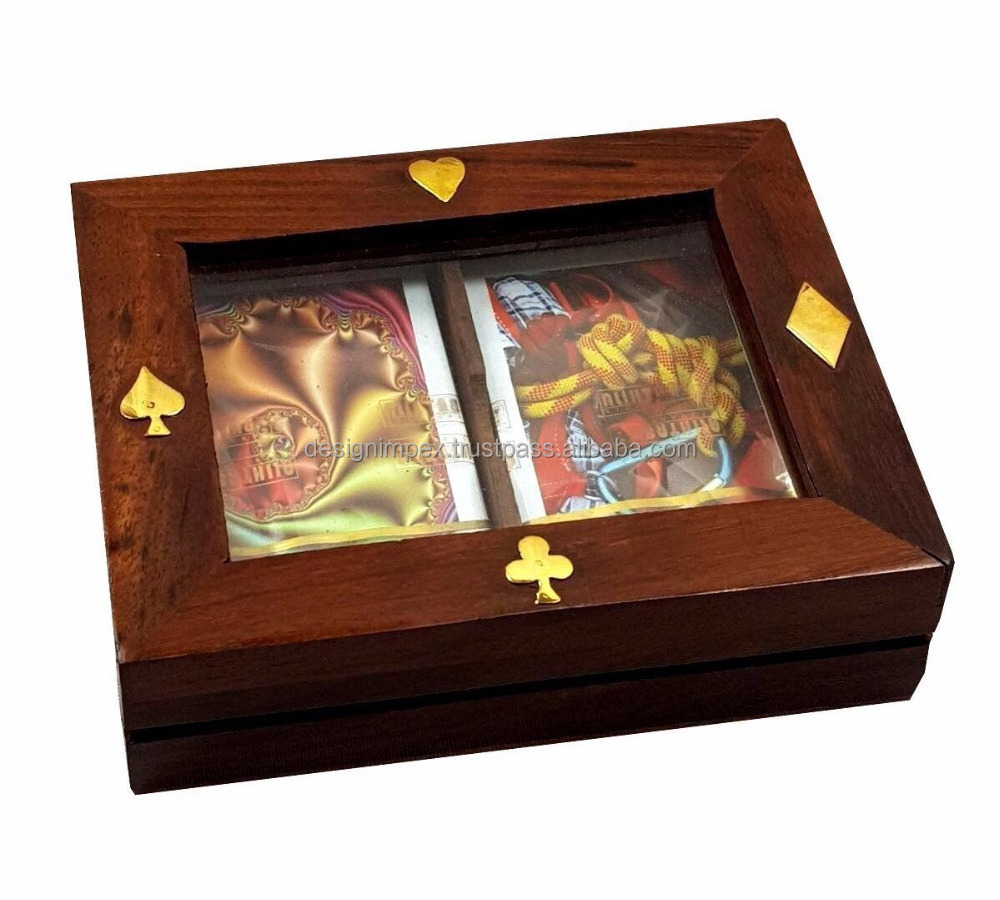 Poker Game Casino Full Playing Card Double Deck Wooden Glass Top Gift Box Set