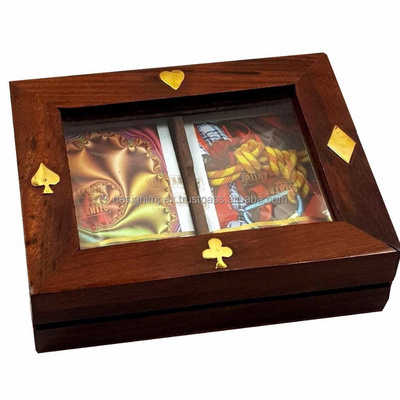 Poker Game Casino Full Playing Card Double Deck Wooden Glass Top Gift Box Set