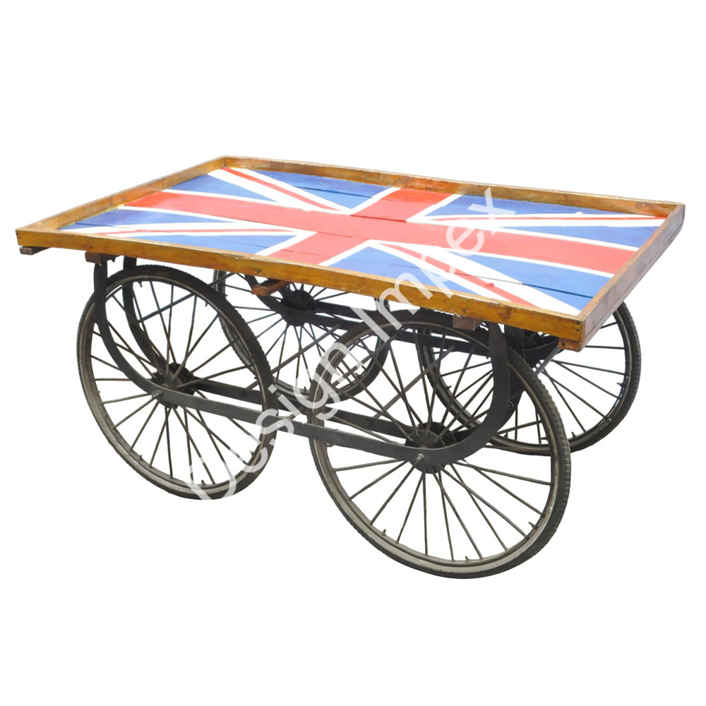 Hand Crafts Custom Trolley American Flag Top Design Wood Tray With Iron Base 4 Wheelers Cart For Decorative Outdoor Fruit Cart