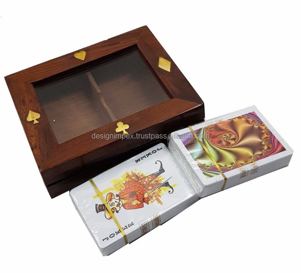 Poker Game Casino Full Playing Card Double Deck Wooden Glass Top Gift Box Set