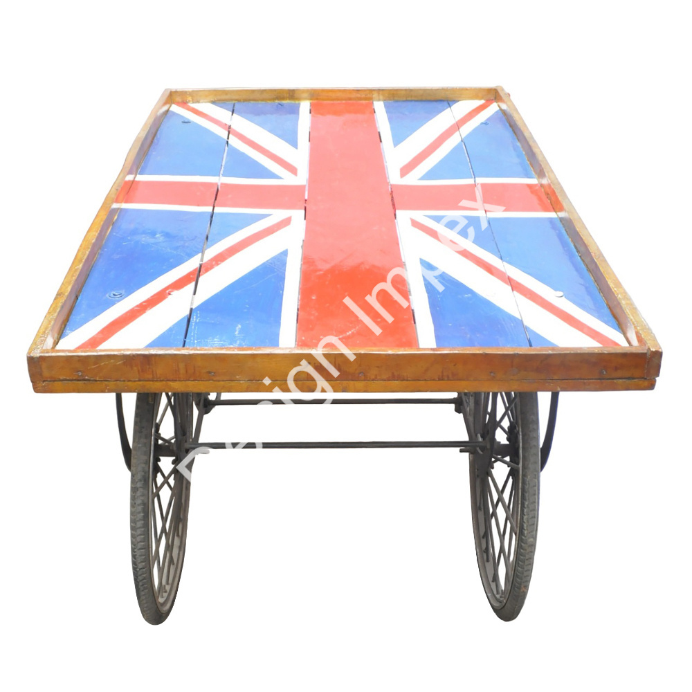 Hand Crafts Custom Trolley American Flag Top Design Wood Tray With Iron Base 4 Wheelers Cart For Decorative Outdoor Fruit Cart