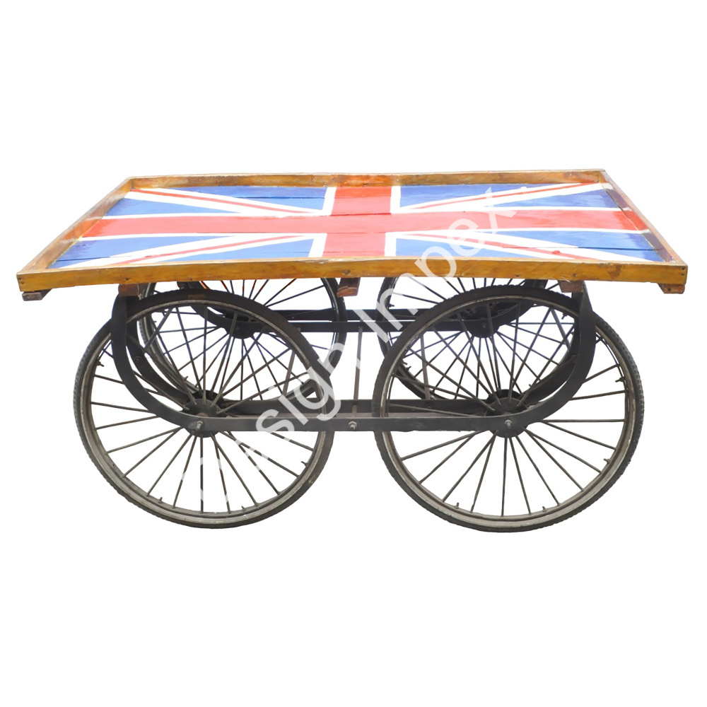 Hand Crafts Custom Trolley American Flag Top Design Wood Tray With Iron Base 4 Wheelers Cart For Decorative Outdoor Fruit Cart