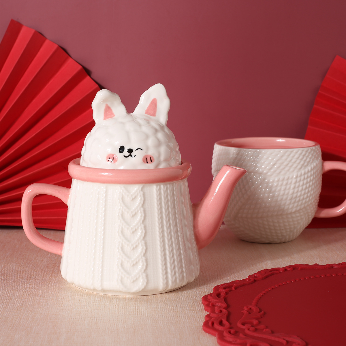 Cute Cartoon Rabbit Embossed Sweater Pattern Ceramic Tea Pot with Cup Set