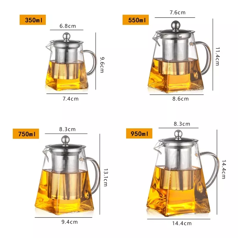 Modern Clear Filter Teapot Borosilicate Glass Square Tea Kettle with Stainless Infuser