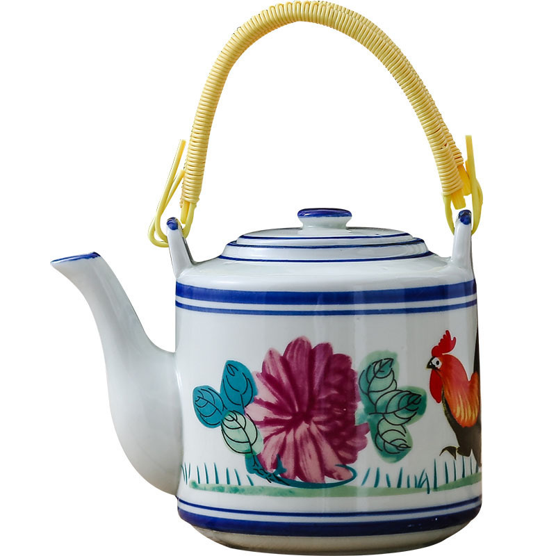 Vintage Chinese Style Cock Printing Ceramic Tea Pot with Loop Handle