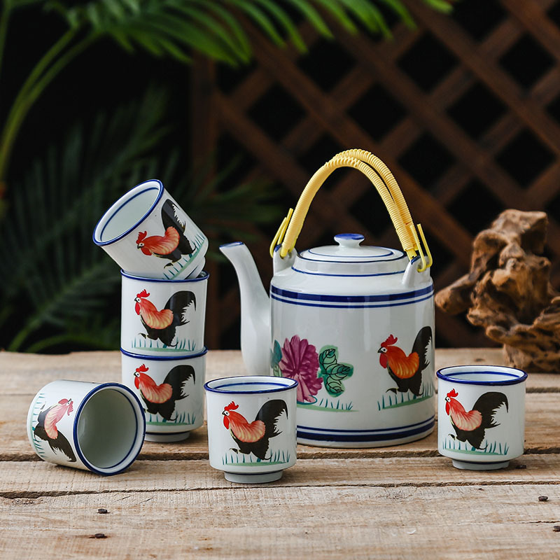 Vintage Chinese Style Cock Printing Ceramic Tea Pot with Loop Handle