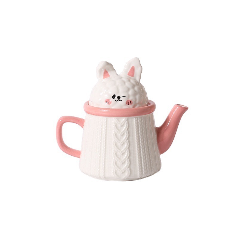 Cute Cartoon Rabbit Embossed Sweater Pattern Ceramic Tea Pot with Cup Set