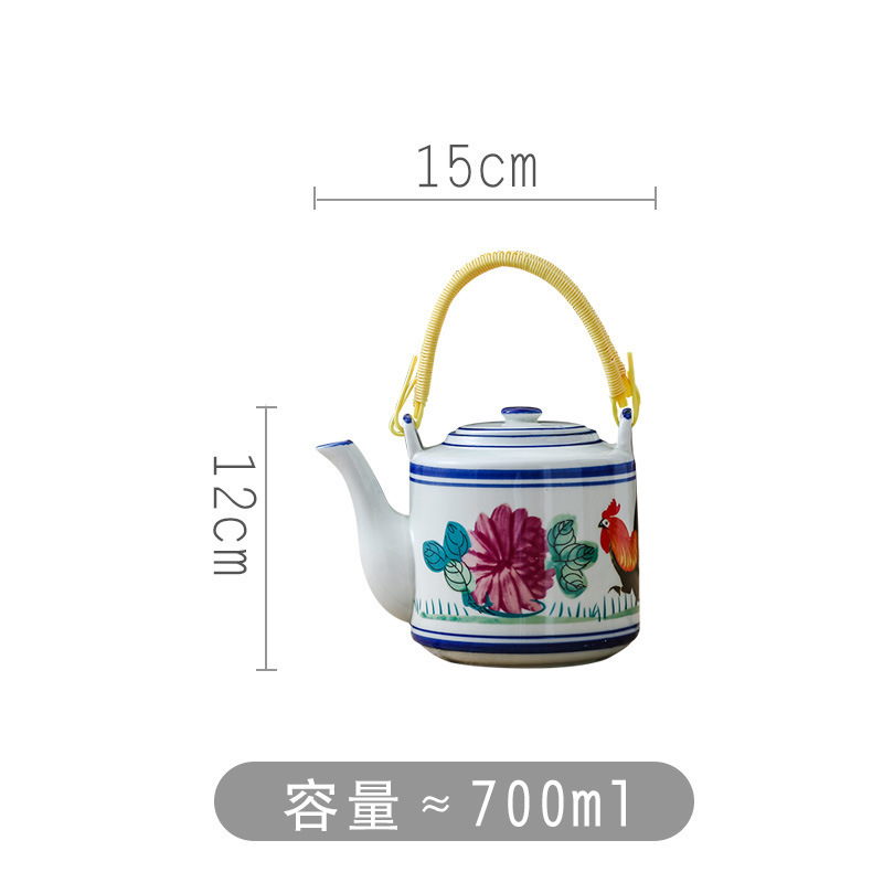 Vintage Chinese Style Cock Printing Ceramic Tea Pot with Loop Handle