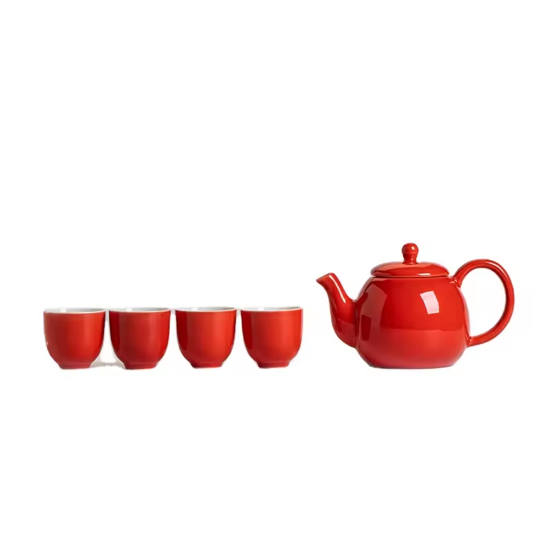 Modern Home Goods Red Glazed Ceramic Tea Pot with 4 Cups Set