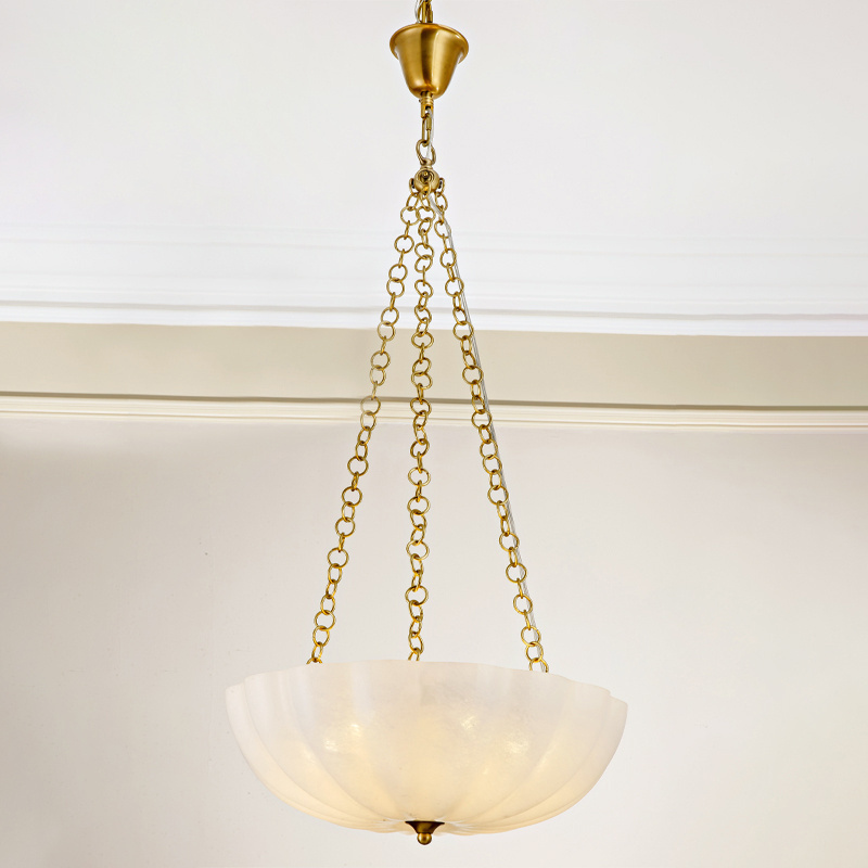 Dewax Copper Chain Pendant Lighting Fixture White Glass Chandelier with Led E27 Bulb Modern Simple Pendant Lamp for Guest Room