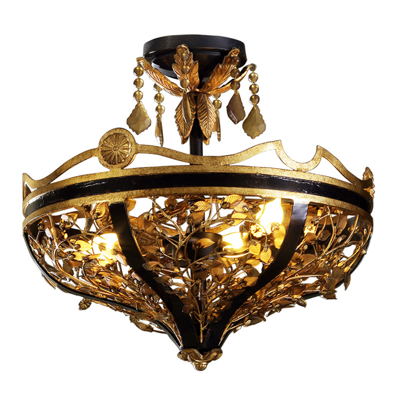 High End French Empire Iron Antique Black Crystal Pendant Light Basket Semi Flush Mount Fixture Ceiling Light