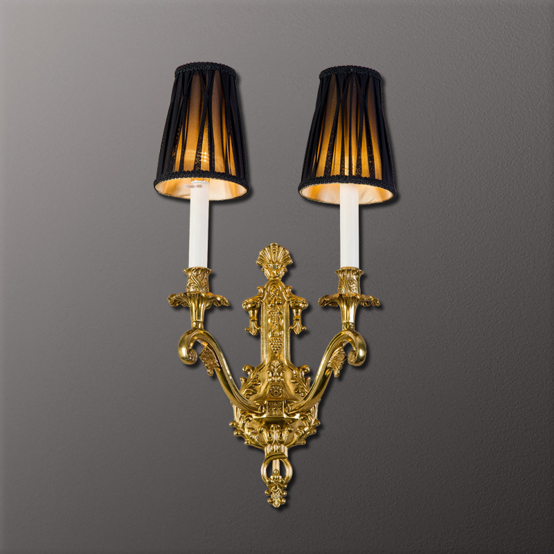 European Style Wall Light Antique Copper and Black Fabric Lampshade Classical Wall Sconce Lamp with Two Led Light Bulbs