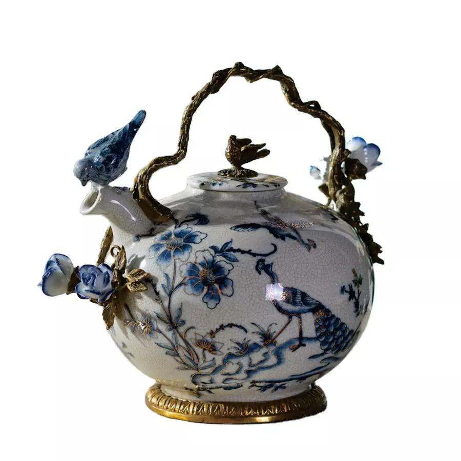 Luxury china blue and white flower and bird design accessories porcelain teapot for home decorations