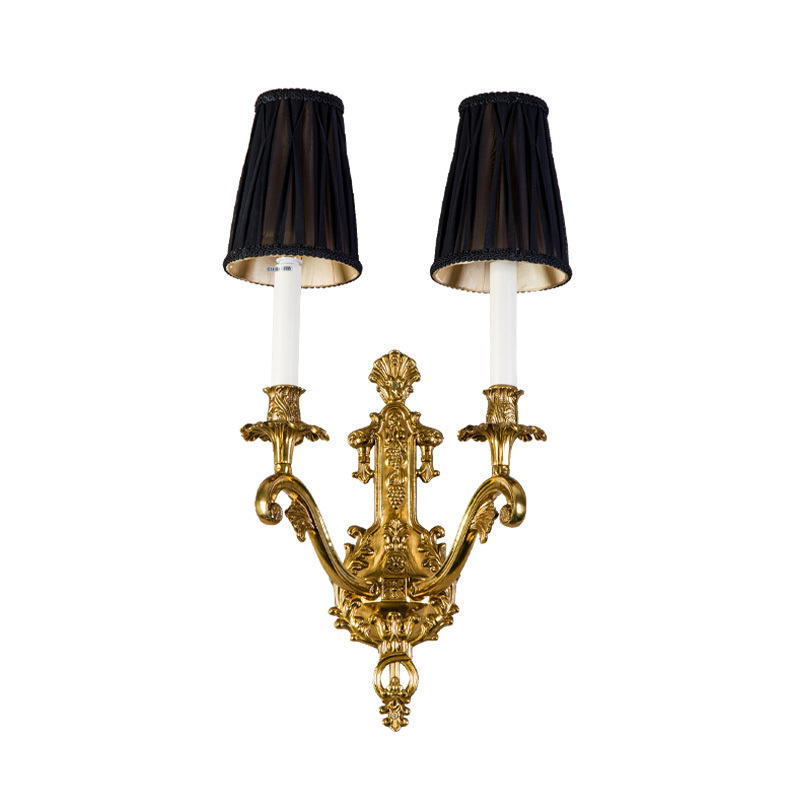 European Style Wall Light Antique Copper and Black Fabric Lampshade Classical Wall Sconce Lamp with Two Led Light Bulbs