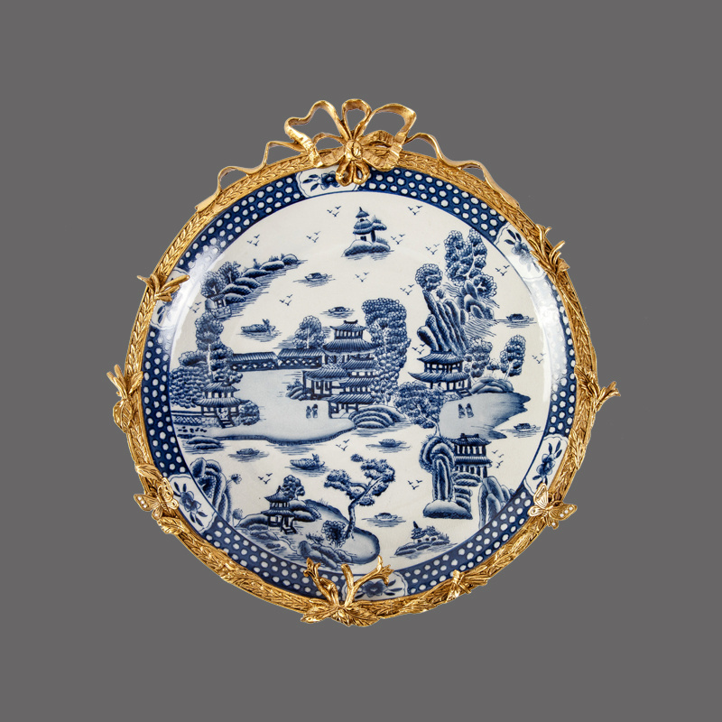 Luxury & classic european style ormolu mounted wall decor blue and white decorative hanging plate