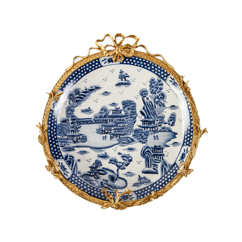 Luxury & classic european style ormolu mounted wall decor blue and white decorative hanging plate