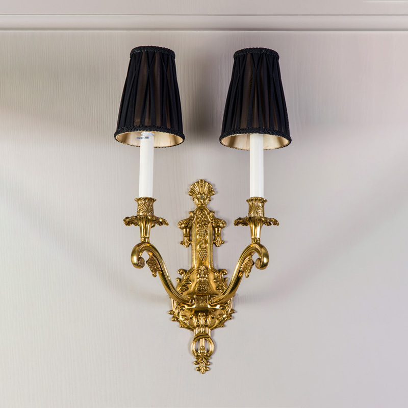 European Style Wall Light Antique Copper and Black Fabric Lampshade Classical Wall Sconce Lamp with Two Led Light Bulbs