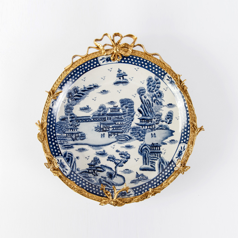 Luxury & classic european style ormolu mounted wall decor blue and white decorative hanging plate