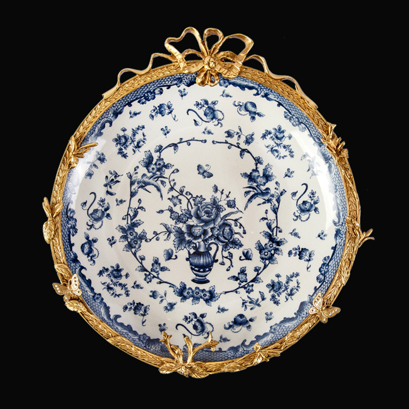 blue and white luxury brass and porcelain wall decoration fruit plate  accessories ceramic dish mural