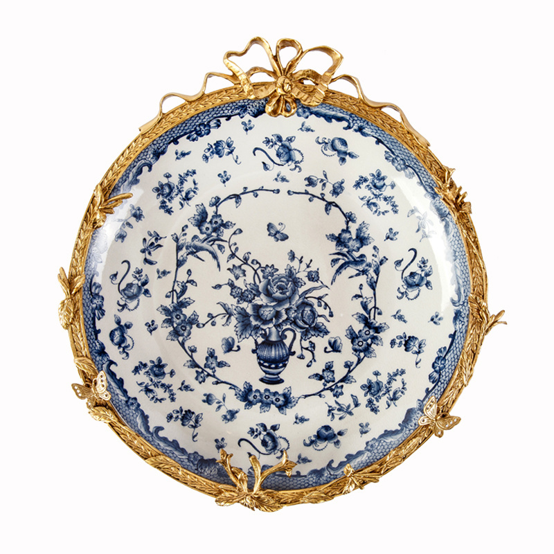 blue and white luxury brass and porcelain wall decoration fruit plate  accessories ceramic dish mural