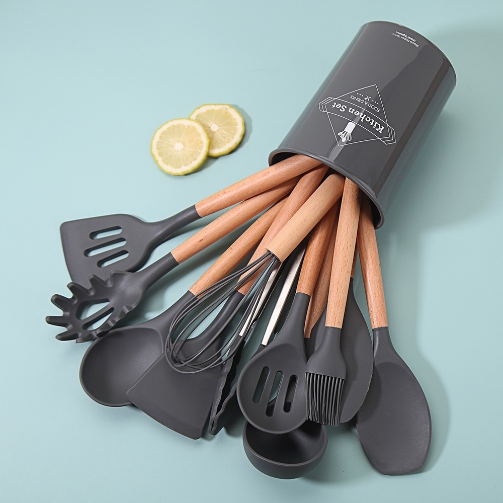 Kitchen Utensils Set-12 Pieces Silicone Cooking Utensils Set Heat Resistant Spatula Set Nonstick Cookware with Wooden Handle