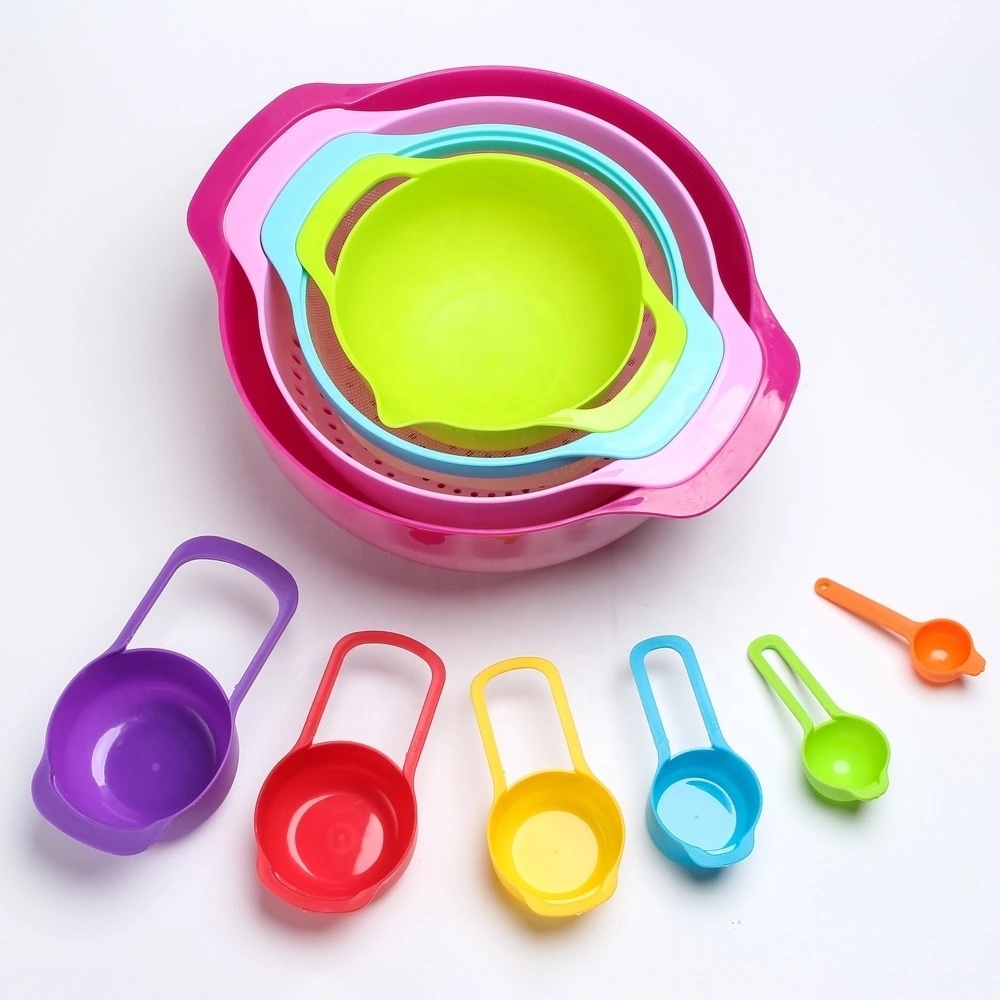 10pcs Stackable Rainbow Colorful Plastic Mixing Bowl Colander Washing Basket Mesh Sieve Measuring cup measuring spoon Bowl