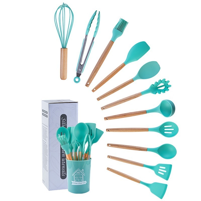 Kitchen Utensils Set-12 Pieces Silicone Cooking Utensils Set Heat Resistant Spatula Set Nonstick Cookware with Wooden Handle