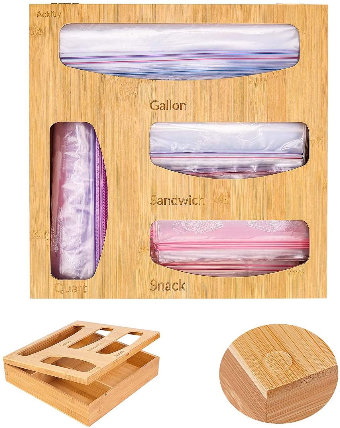 Bamboo Ziplock Bag Storage Drawer Organizer Kitchen Storage Organization Drawer Organizer and Dispenser for Kitchen