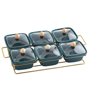 New Creative Square Snacks Nuts Dry Fruit Plate Ceramic Plates with Glass Lid Cover Metal Rack