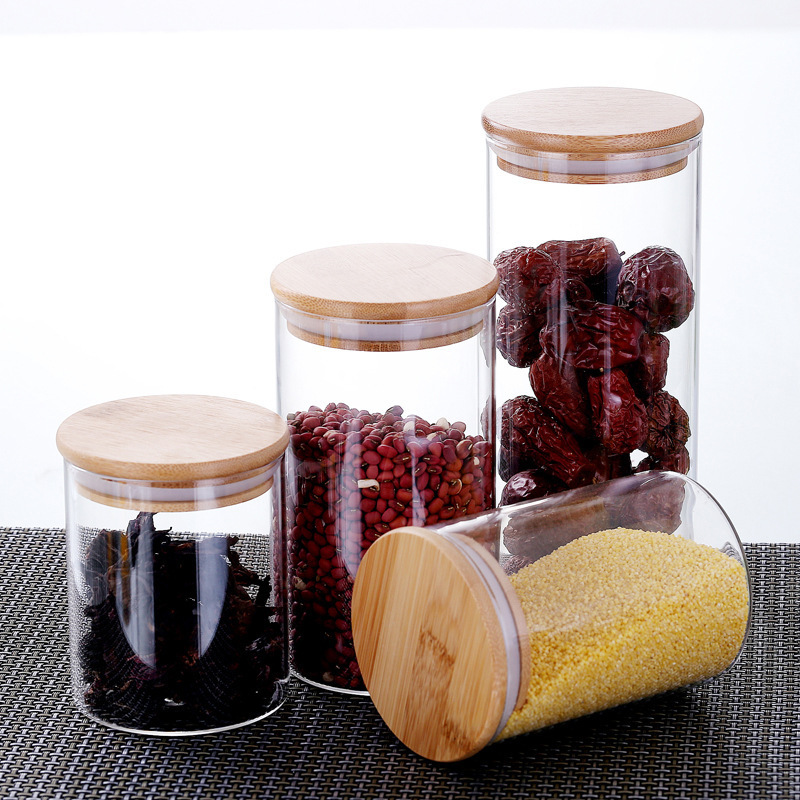 Hot Sale Airtight sealed Food Storage borosilicate Glass Jar With Wooden Lid and Rubber Ring