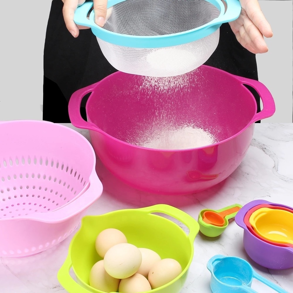 10pcs Stackable Rainbow Colorful Plastic Mixing Bowl Colander Washing Basket Mesh Sieve Measuring cup measuring spoon Bowl