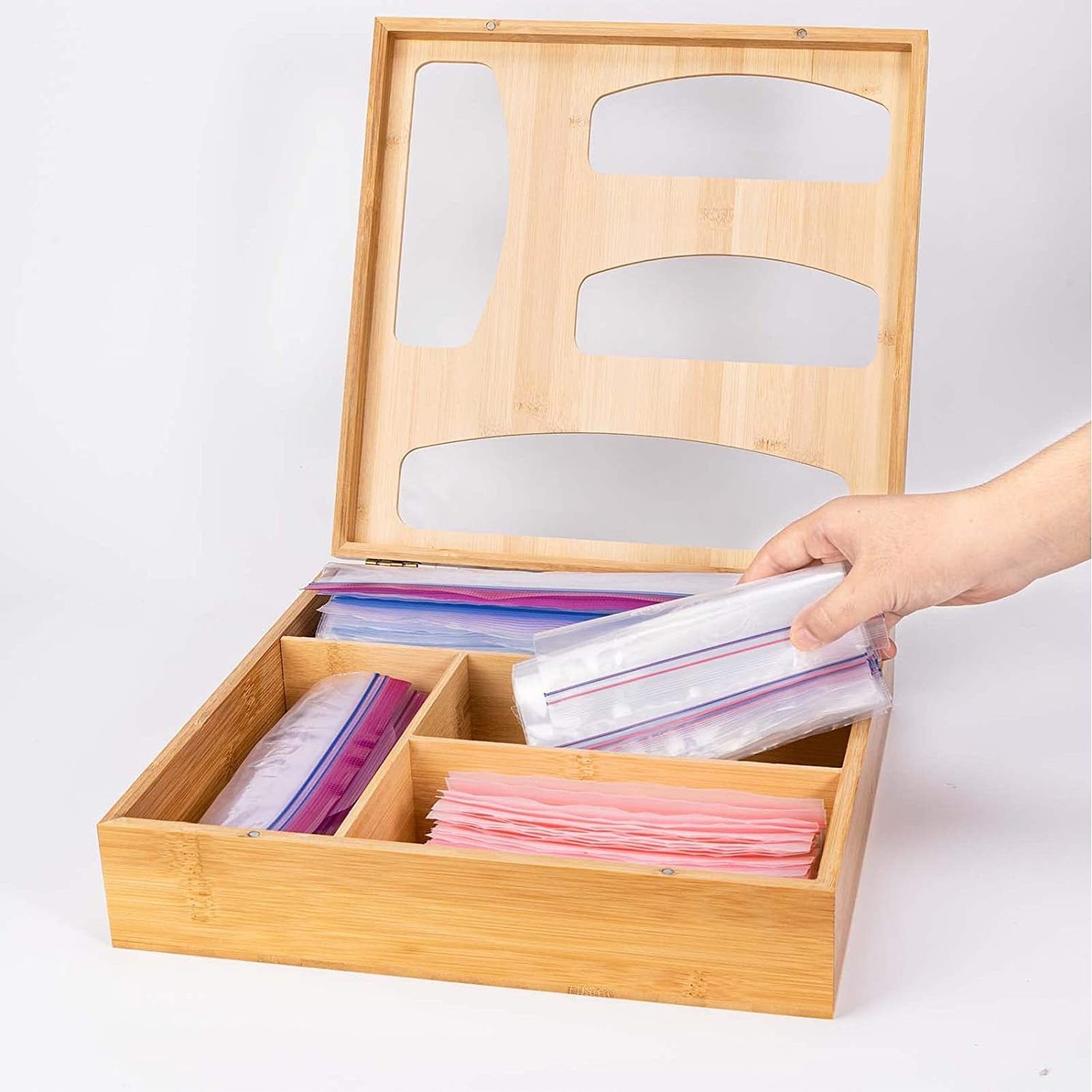 Bamboo Ziplock Bag Storage Drawer Organizer Kitchen Storage Organization Drawer Organizer and Dispenser for Kitchen