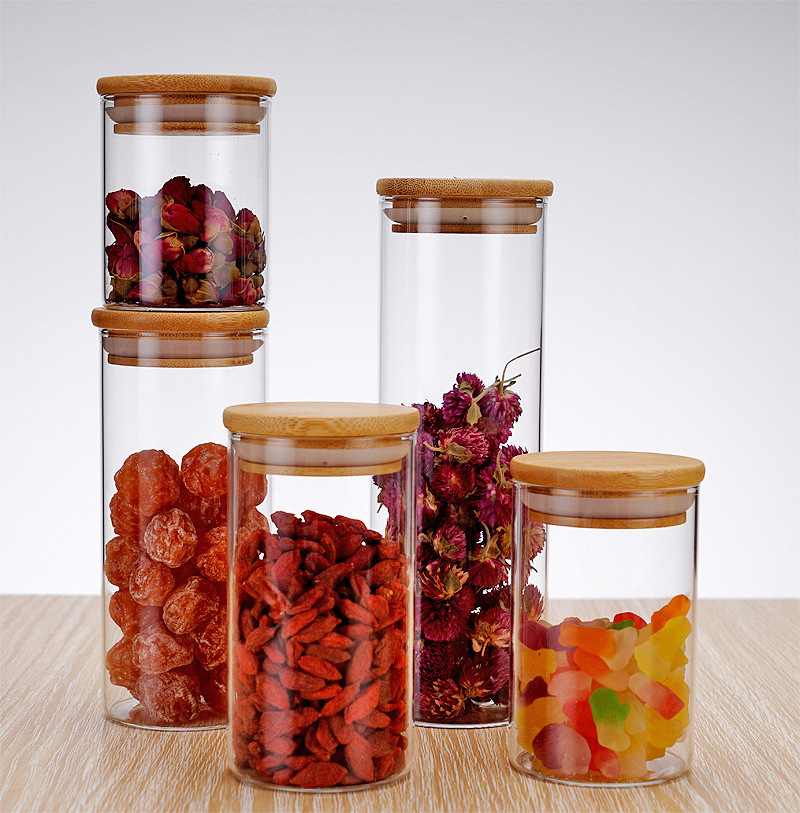 Hot Sale Airtight sealed Food Storage borosilicate Glass Jar With Wooden Lid and Rubber Ring