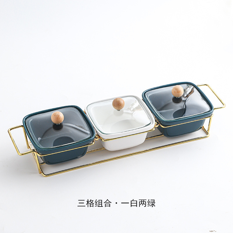 New Creative Square Snacks Nuts Dry Fruit Plate Ceramic Plates with Glass Lid Cover Metal Rack