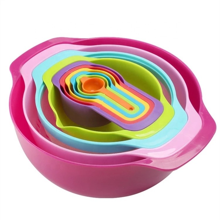 10pcs Stackable Rainbow Colorful Plastic Mixing Bowl Colander Washing Basket Mesh Sieve Measuring cup measuring spoon Bowl