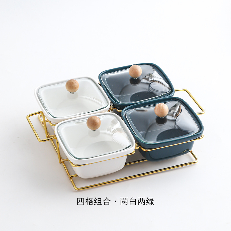 New Creative Square Snacks Nuts Dry Fruit Plate Ceramic Plates with Glass Lid Cover Metal Rack