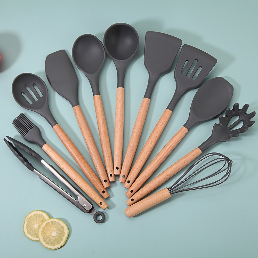 Kitchen Utensils Set-12 Pieces Silicone Cooking Utensils Set Heat Resistant Spatula Set Nonstick Cookware with Wooden Handle