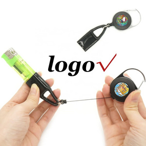 Stock custom logo ABS sticker portable premium retractable safe smoking accessories lighter holder clip keychain lighter leash