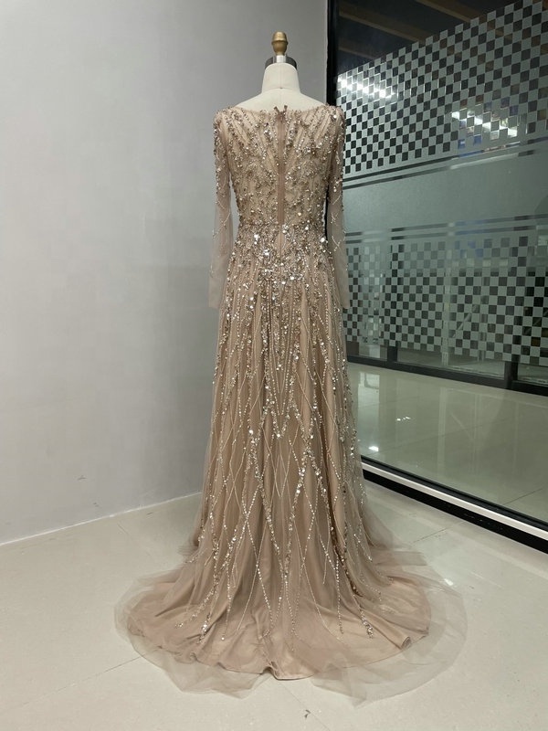 Luxury Champagne Beaded Sequin Long sleeves V Neck Arabic Women Gowns In Dubai Muslim Dresses 2024 Prom Dress Party Gown