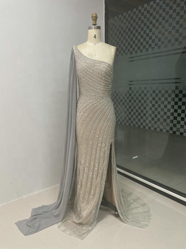 Luxury High Split Wedding Party Guest Evening Gowns 2023 One-shoulder Sleeveless Beading Mermaid Wholesale  Women Prom Dresses